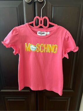 Girls Kids Moschino Pink Short-Sleeve Tee with Yellow Logo
